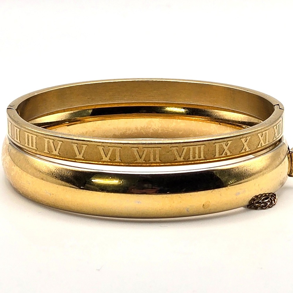 Gold Tone Bangle Bracelet Set‎ Roman Numeral Engraved & Domed Hinged 2 Piece